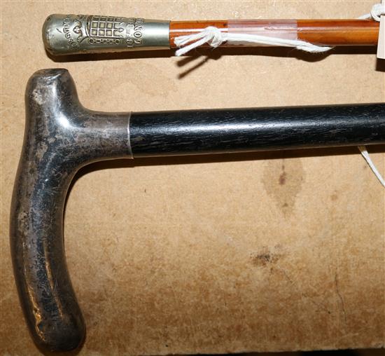 16th Batt. London Queens Westminster Rifles swagger stick & a silver topped ebonised walking cane (2)